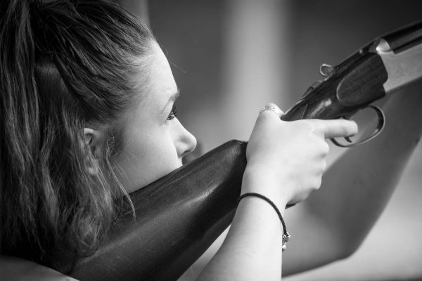 A black and white photo of a guest enjoying clay pigeon shooting at the Edradynate clay pigeon shoot day May 2017 - Edradynate Estate, Perthshire - Luxury Country House and Sporting Estate for Rent in Scotland