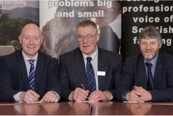 A colour image of NFU Scotland officeholders (from left): Gary Mitchell, Andrew McCornick and Martin Kennedy Edradynate tenant farmer, Luxury Country House and Sporting Estate, Perthshire