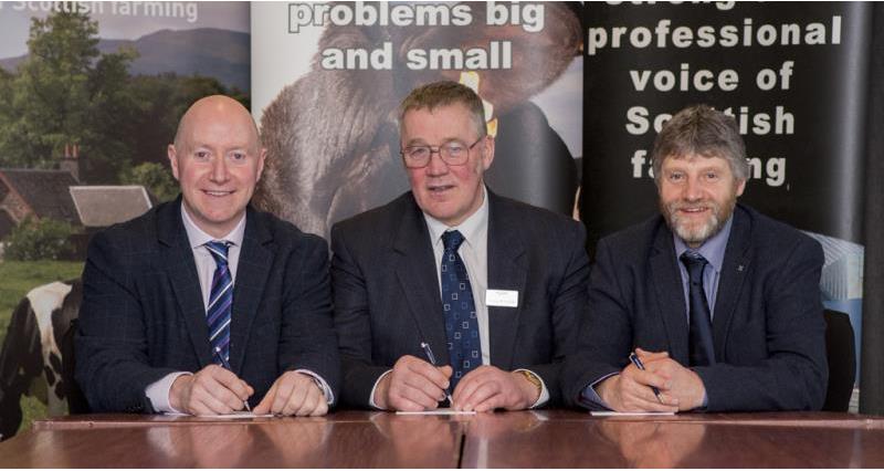 A colour image of NFU Scotland officeholders (from left): Gary Mitchell, Andrew McCornick and Martin Kennedy Edradynate tenant farmer, Luxury Country House and Sporting Estate, Perthshire
