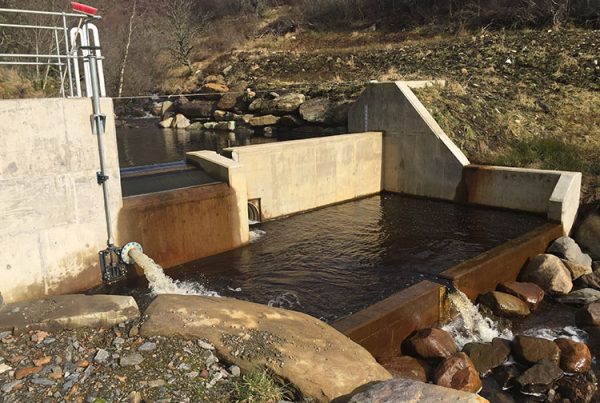 A colour image of The Beinn Eagagach Hydro Scheme working and generating electricity on Edradynate Estate, Perthshire
