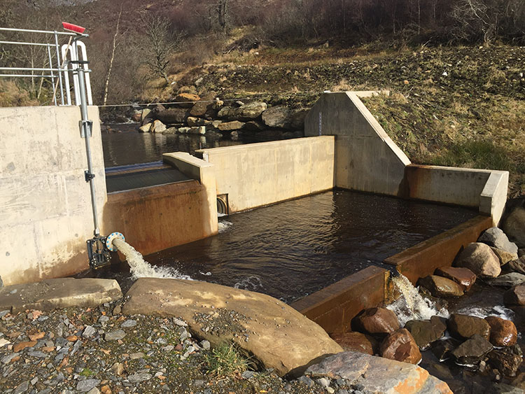 A colour image of The Beinn Eagagach Hydro Scheme working and generating electricity on Edradynate Estate, Perthshire