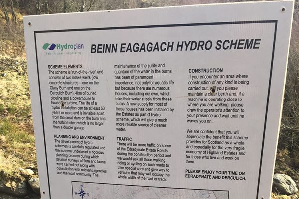 A colour image of the Beinn Eagagach Hydro Scheme information board