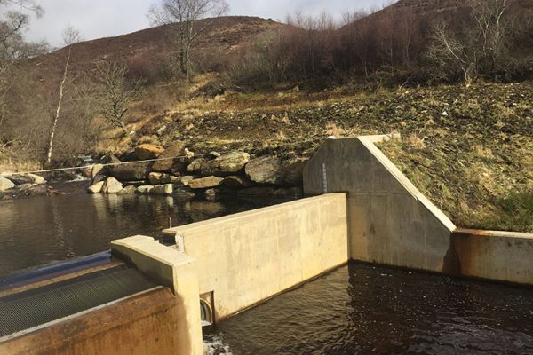 A colour image of The Beinn Eagagach Hydro Scheme working and generating electricity on Edradynate Estate, Perthshire