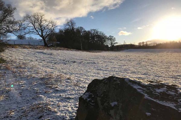 A colour image of Edradynate Estate in the snow displayed in the mind the hungry gap new article for supplementary feeding of game birds and wild birds